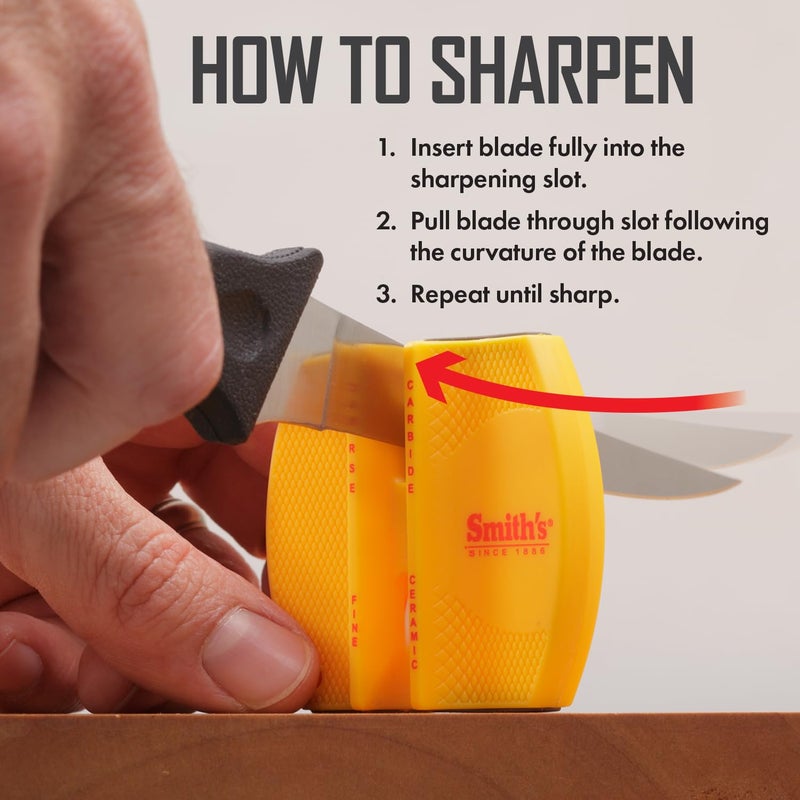 Smith's CCKS 2-Step Knife Sharpener - Yellow - 2-Step Preset Coarse & Fine Slots - Outdoor Handheld Knife Sharpener - Fishing, Hunting, Fillet, Pocket Knives - Compact Plastic Portable Keychain Tool - Image 3